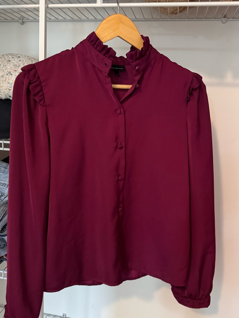 Who What Wear Burgundy Ruffle Mock-Neck Blouse